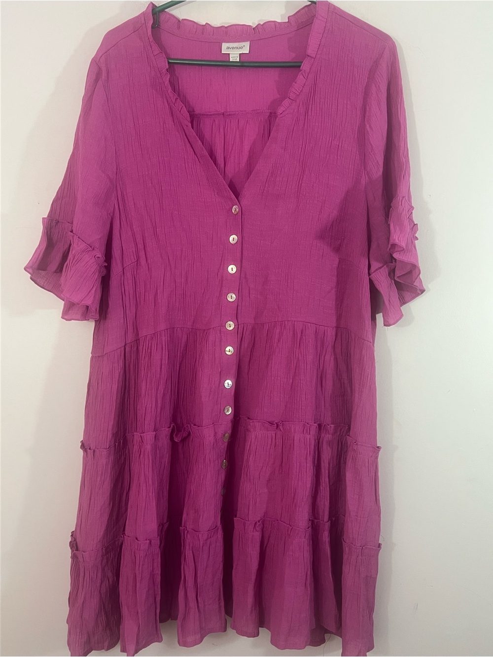 Avenue Fuchsia Pink Tiered Ruffle Tunic Dress Button Front 22/24, 3X